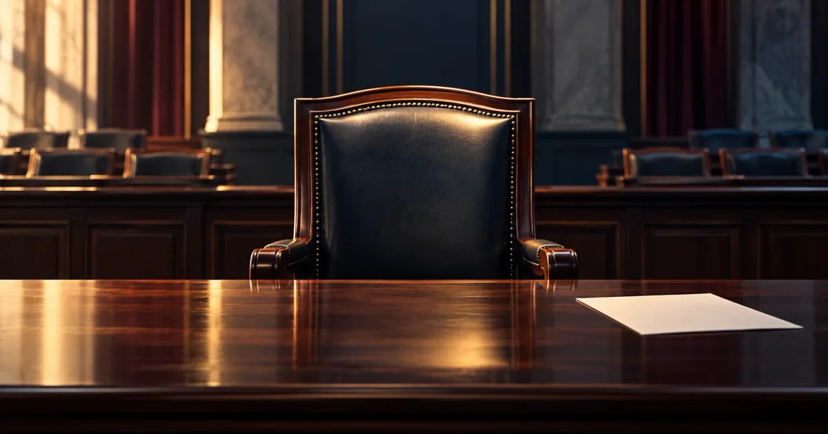 Silla vacía ante una mesa de audiencia, con una hoja sin texto a un lado