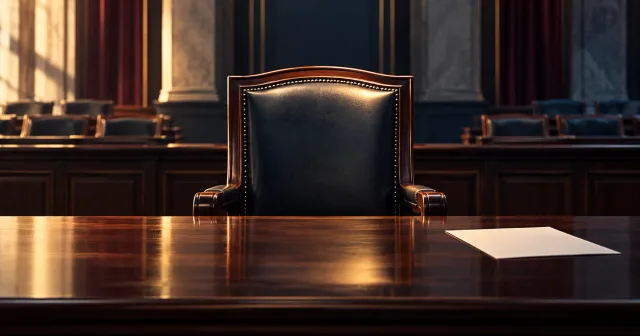 Silla vacía ante una mesa de audiencia, con una hoja sin texto a un lado