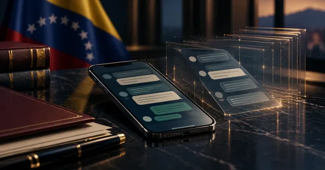 Teléfono con conversación digital abstracta y trazos de verificación de evidencia