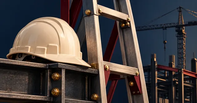 Casco de seguridad junto a una escalera metálica y una grúa al fondo