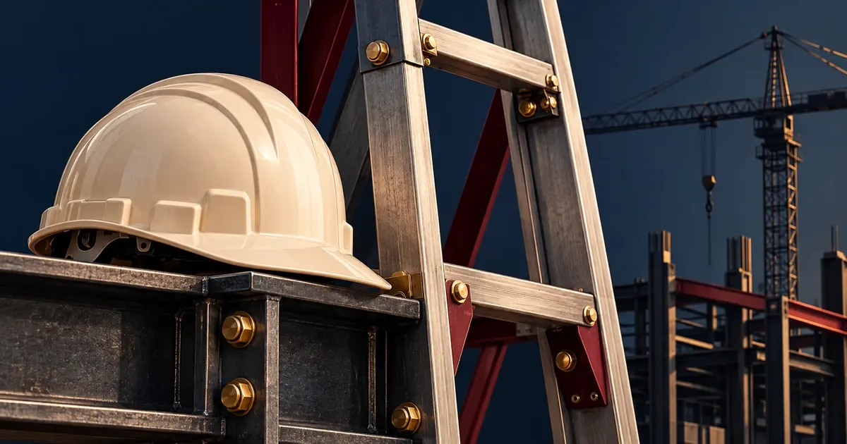 Casco de seguridad junto a una escalera metálica y una grúa al fondo