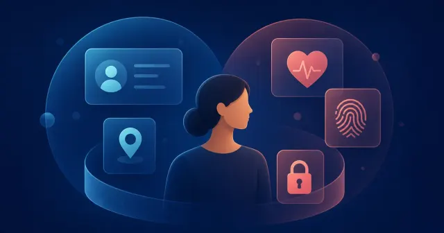 Persona rodeada de tarjetas que distinguen datos de contacto, ubicación, salud, biometría y acceso seguro