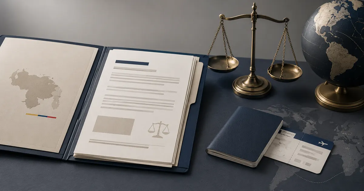 Expediente judicial junto a documentos de viaje y una balanza sobre jurisdicción venezolana en divorcio de ciudadanos residen