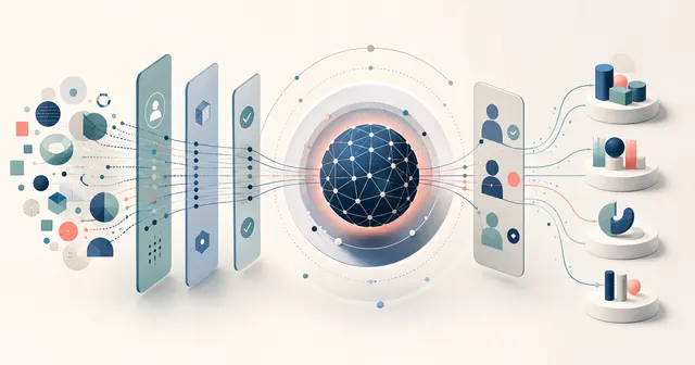 Flujos de datos atraviesan controles de acceso y revisión alrededor de un núcleo abstracto de inteligencia artificial