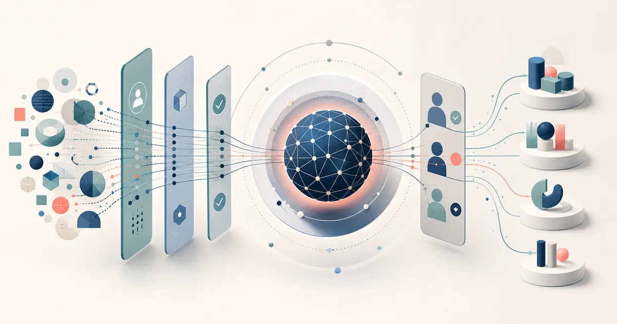Flujos de datos atraviesan controles de acceso y revisión alrededor de un núcleo abstracto de inteligencia artificial