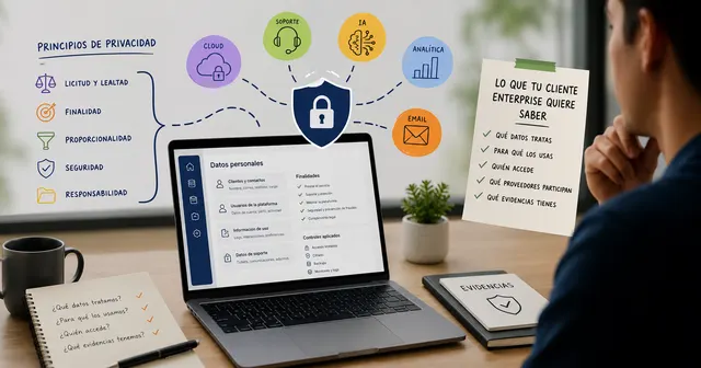 Dashboard SaaS con checklist de privacidad, proveedores tecnológicos conectados y controles de protección de datos personales