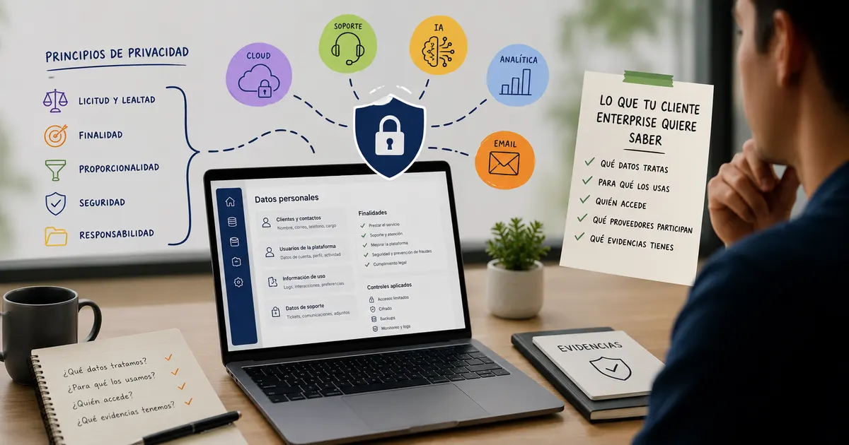 Dashboard SaaS con checklist de privacidad, proveedores tecnológicos conectados y controles de protección de datos personales